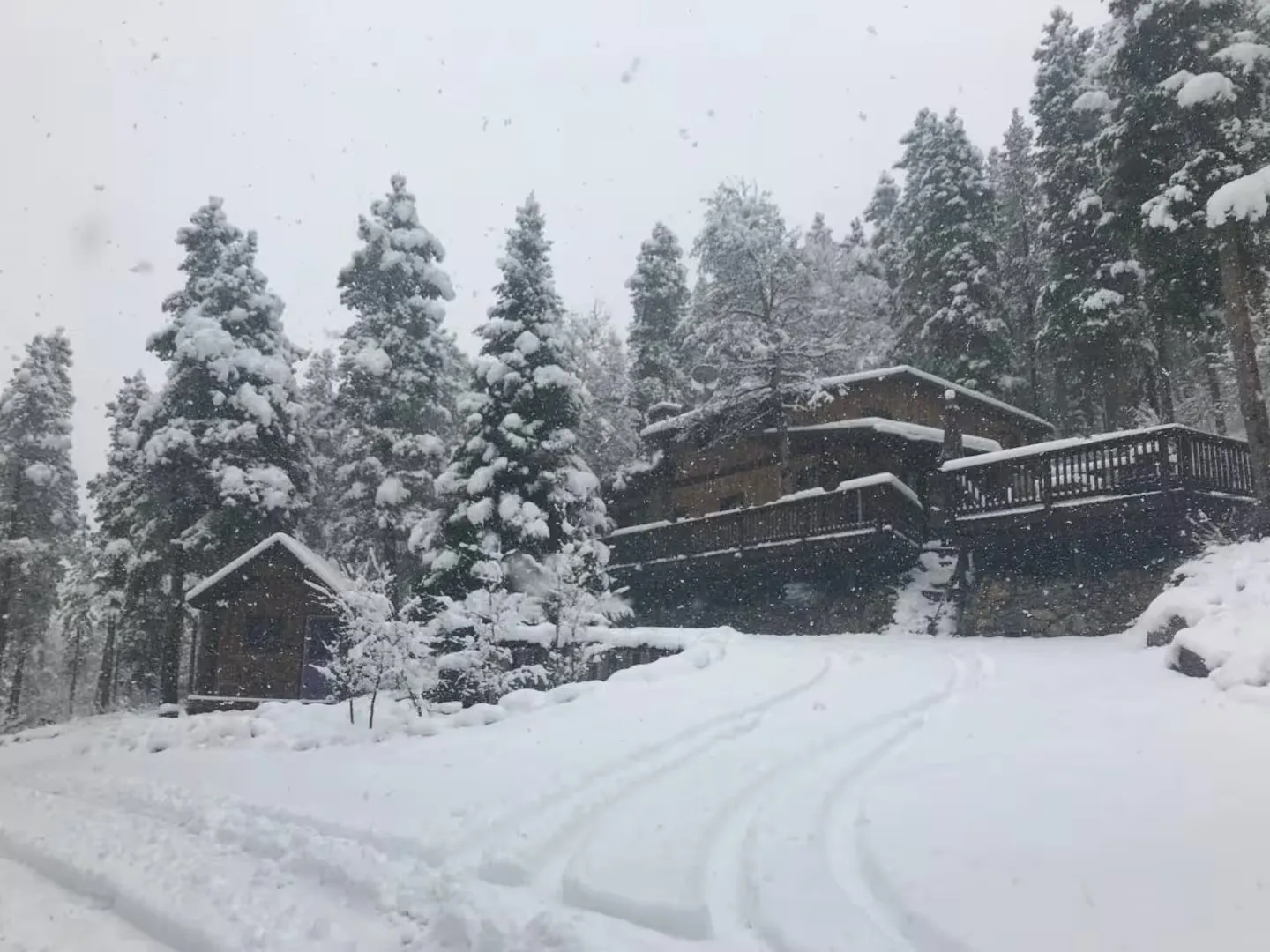 The cabin blanketed in fresh snow.