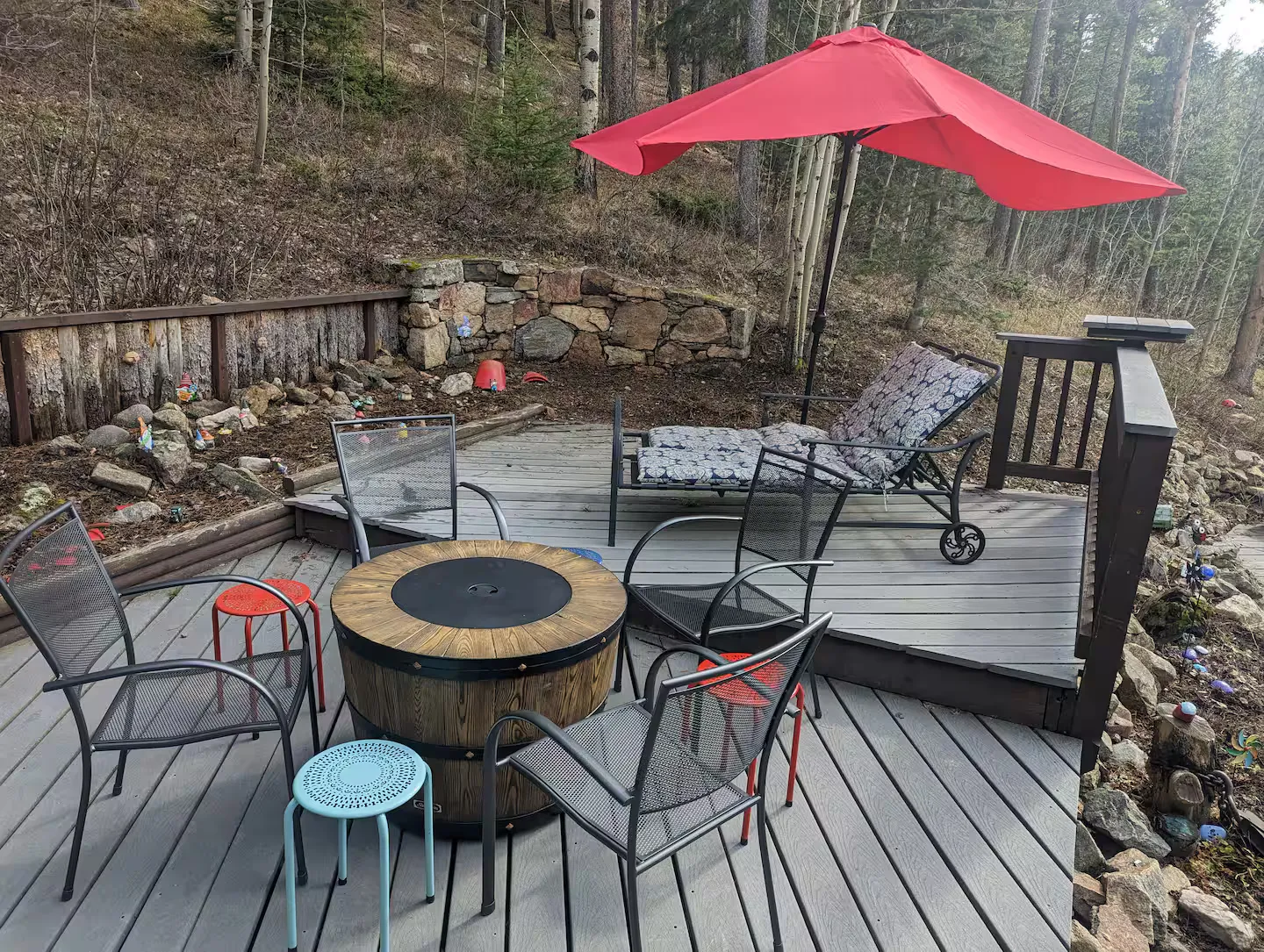 The propane firepit on the deck.