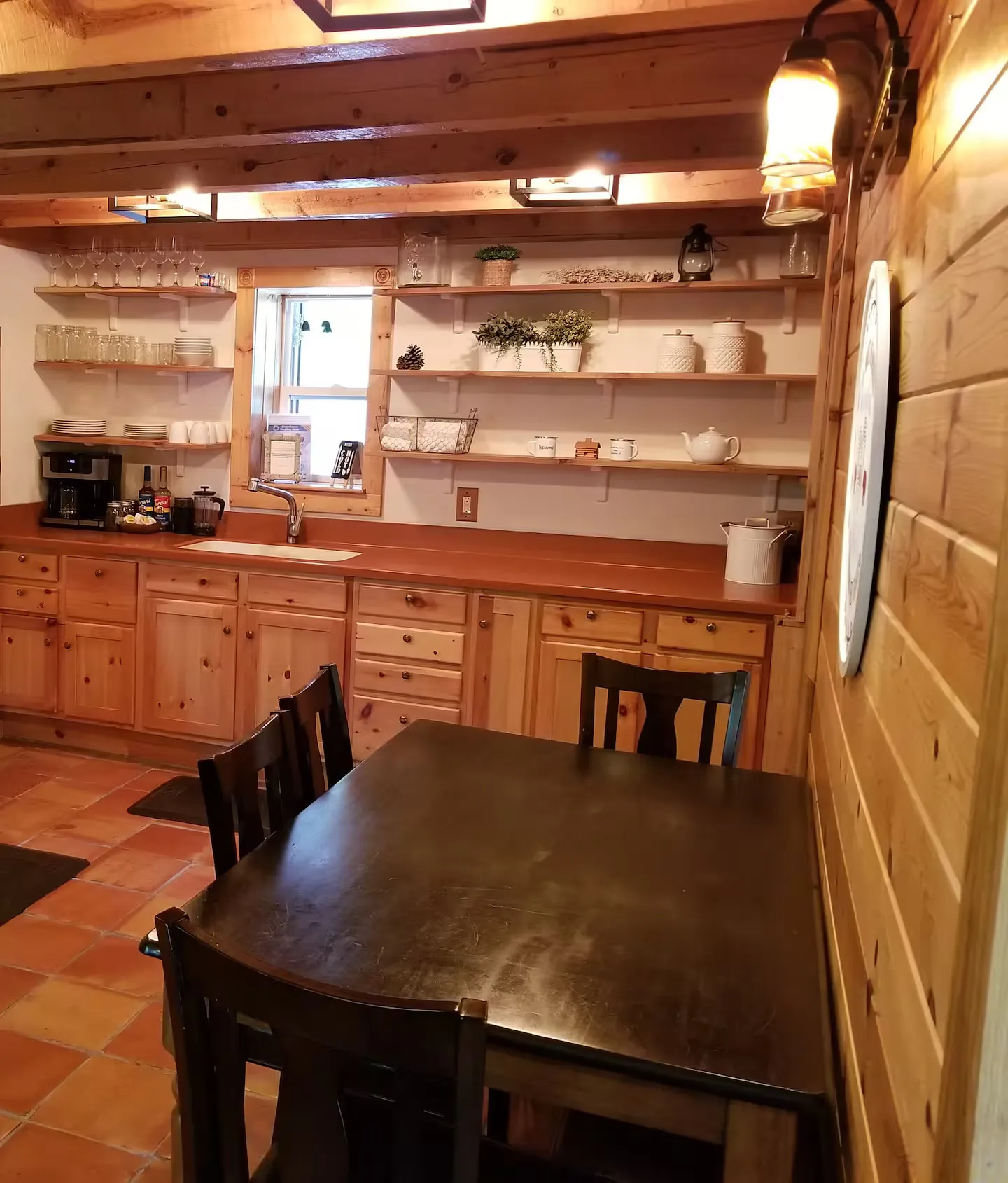 The dining area inside the cabin.