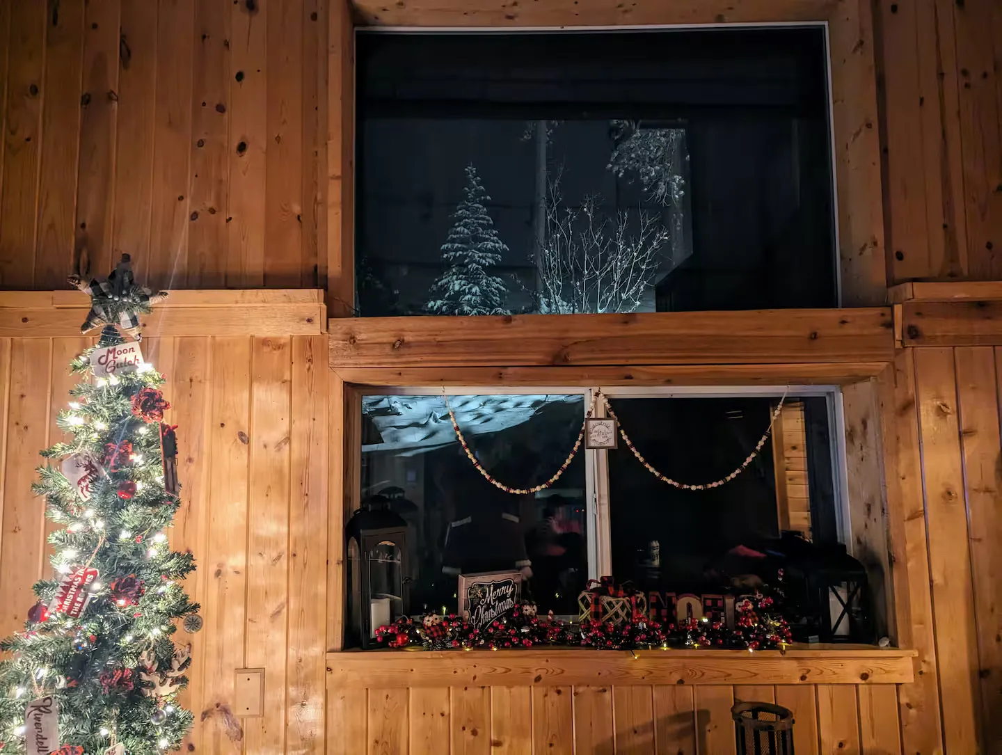 The picture window decorated for the holidays.