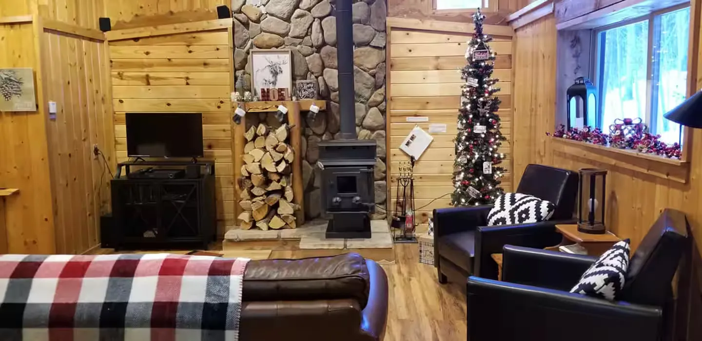 A cozy fire burning in the wood stove.