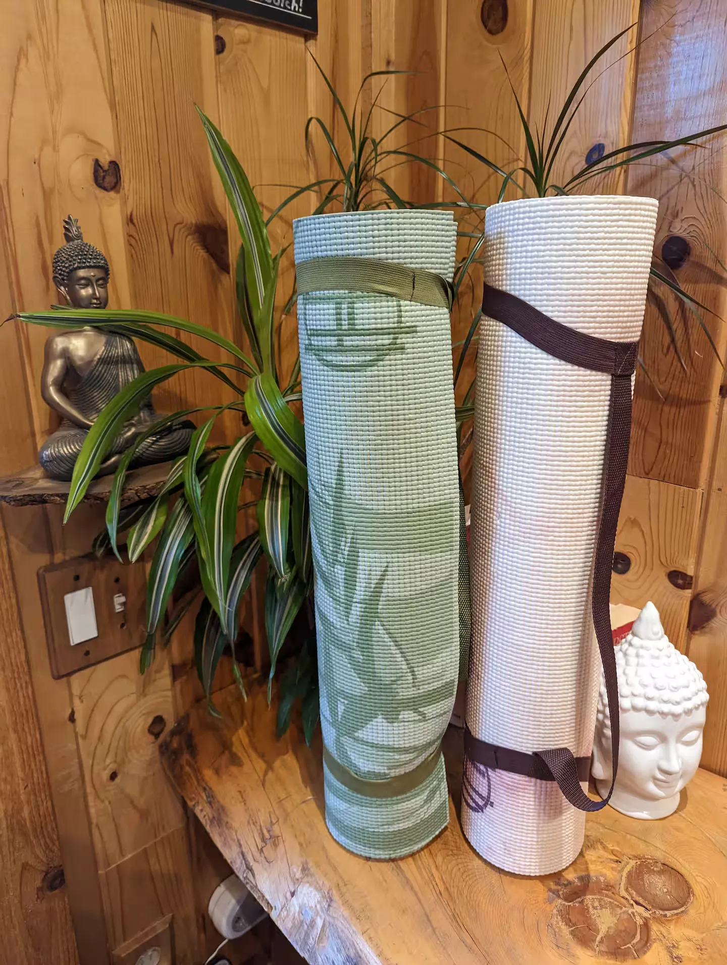 Yoga mats set out for a morning stretch.